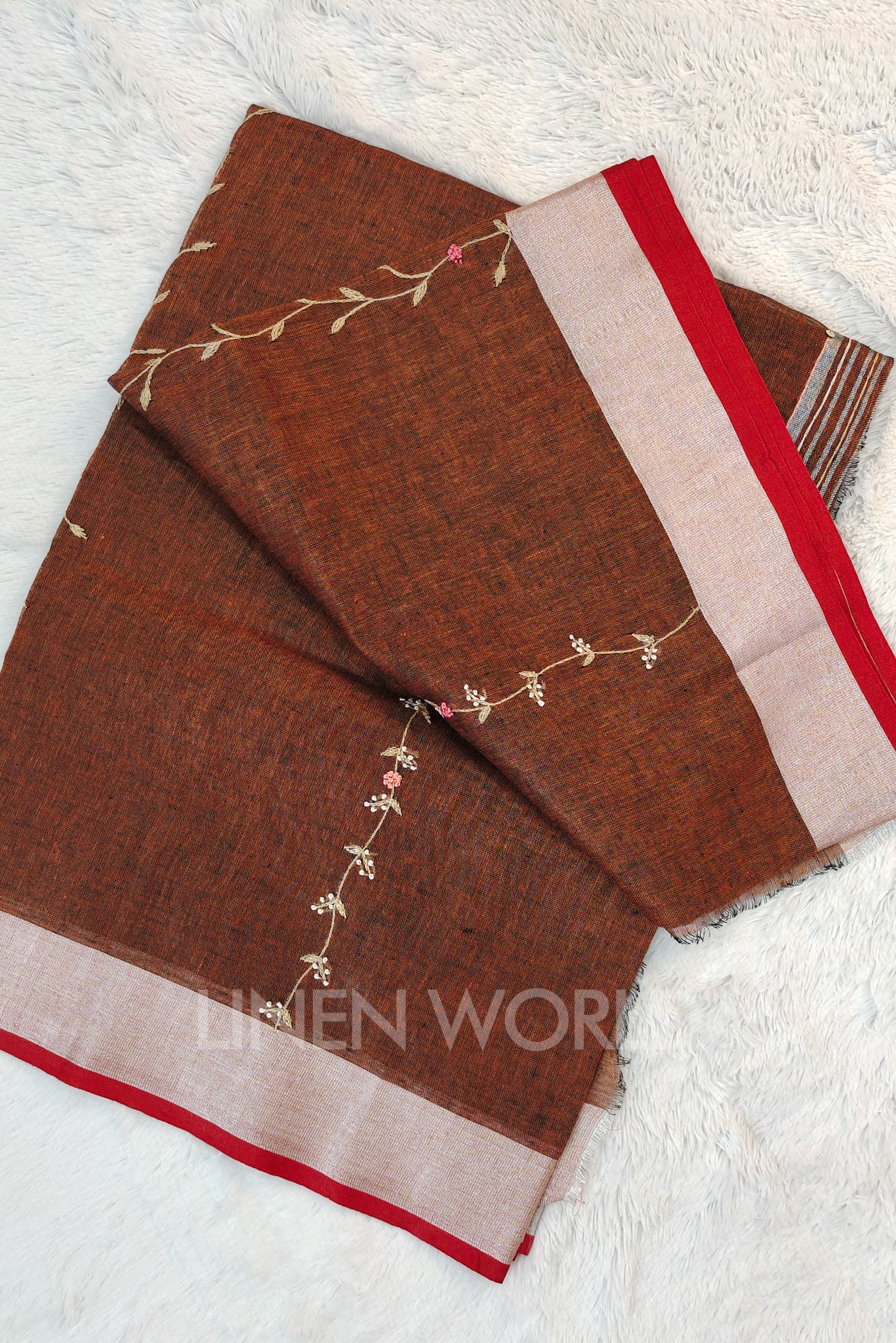 anam (brown green french knot linen saree) - linenworldonline.in