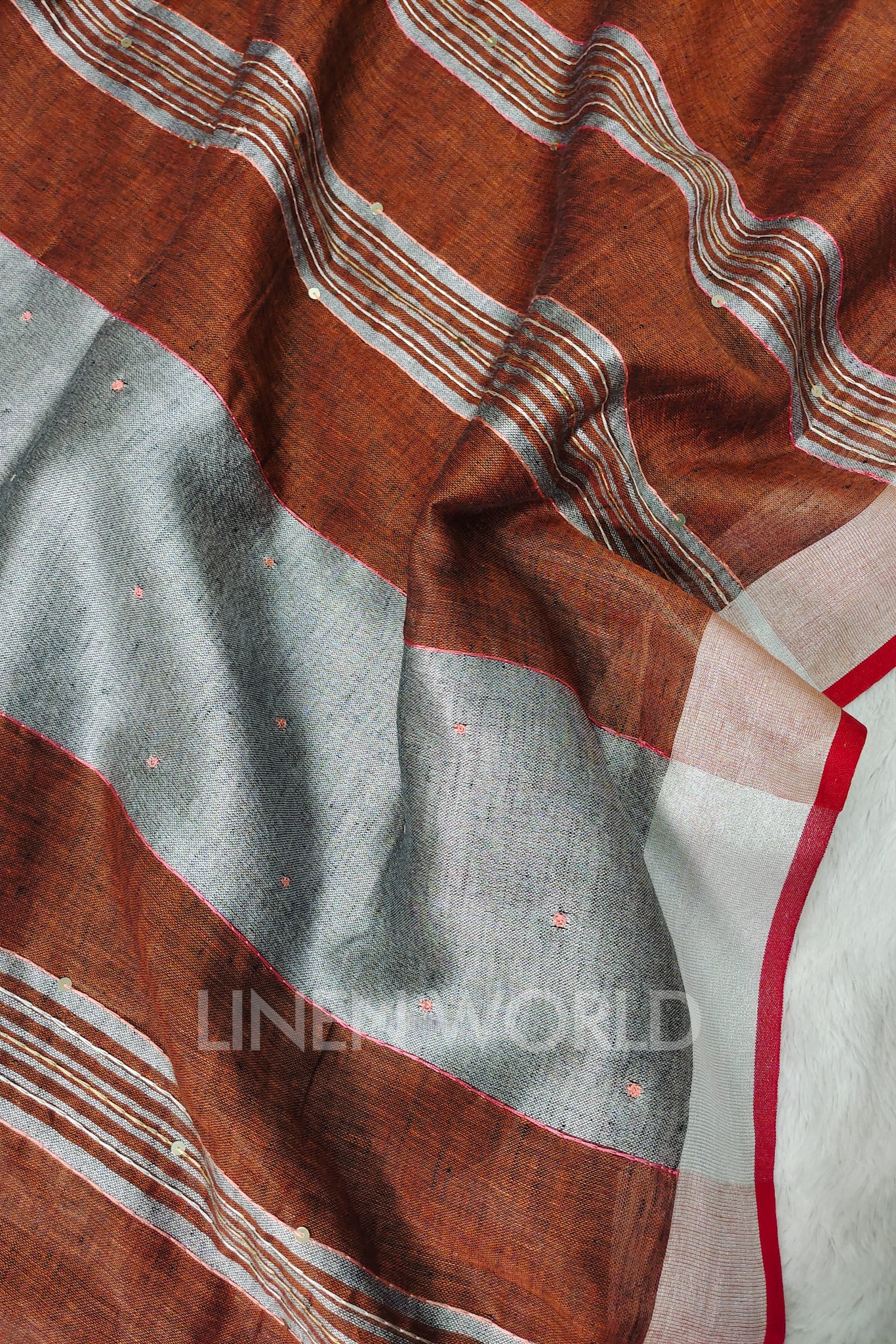 anam (brown green french knot linen saree) - linenworldonline.in