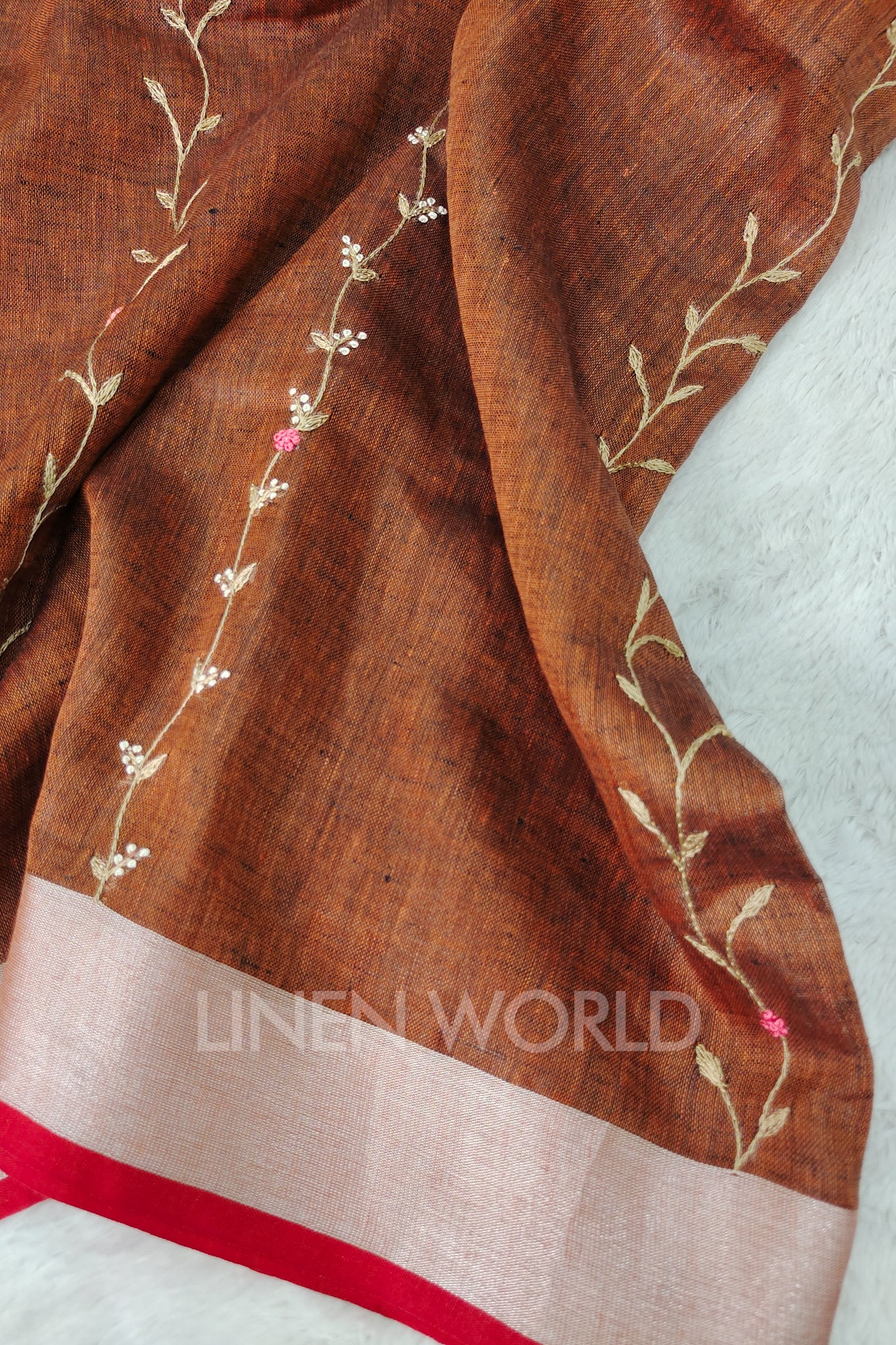 anam (brown green french knot linen saree) - linenworldonline.in