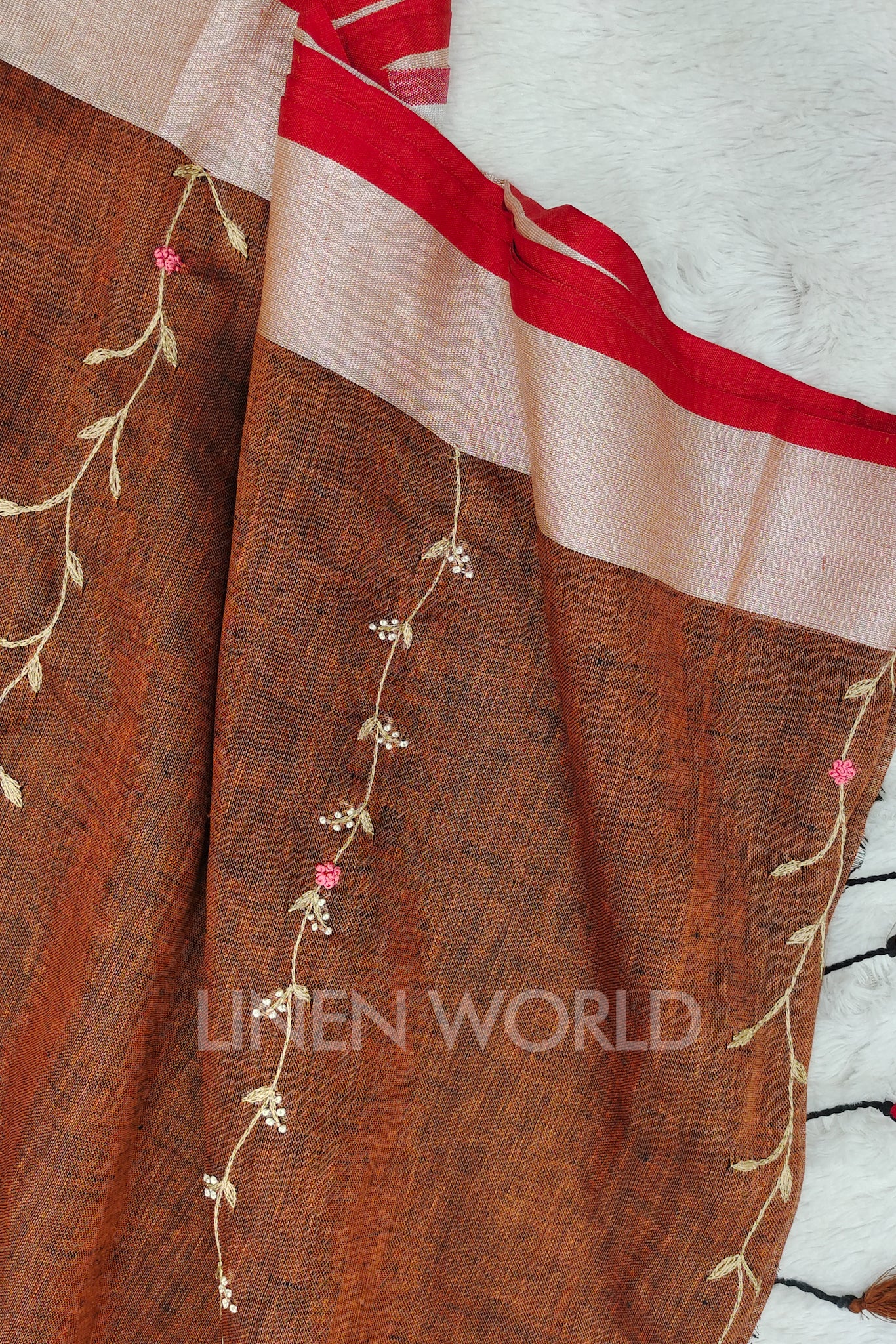 anam (brown green french knot linen saree) - linenworldonline.in