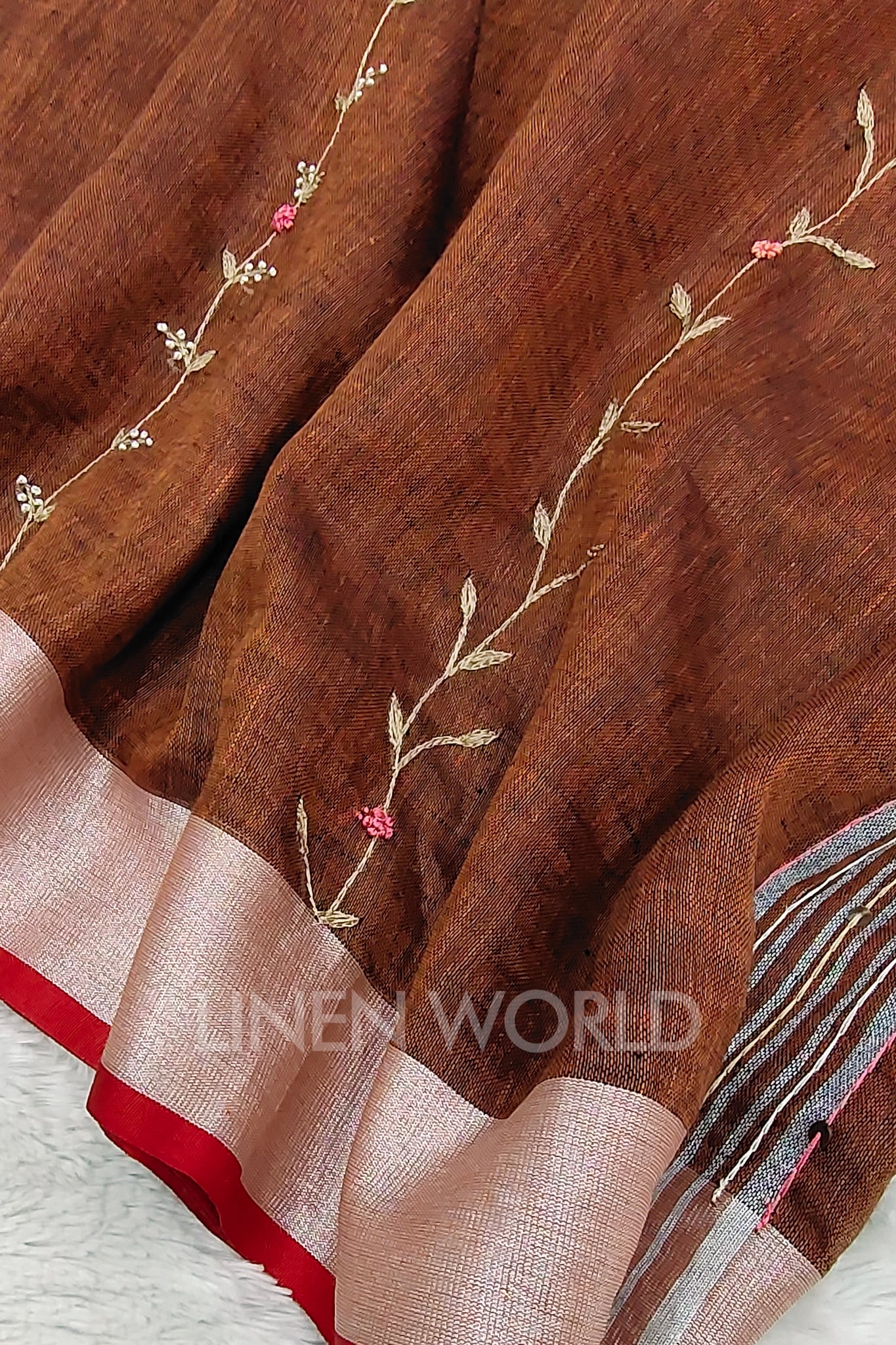 anam (brown green french knot linen saree) - linenworldonline.in
