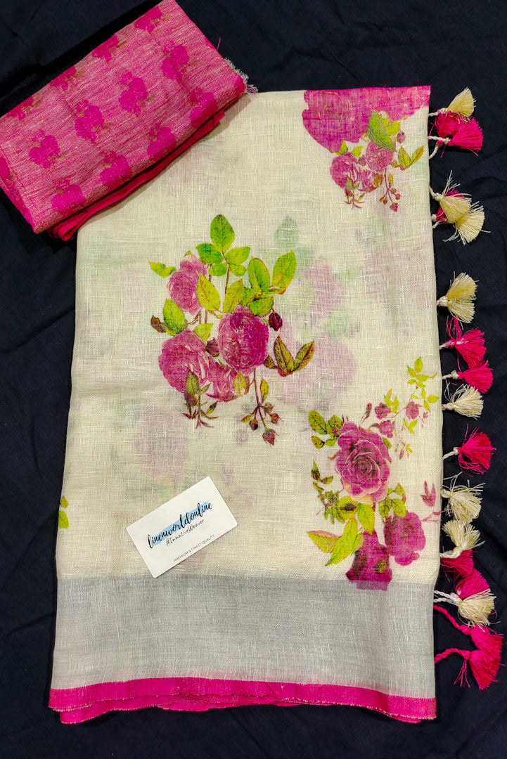 eden cream digital printed linen saree - linenworldonline.in