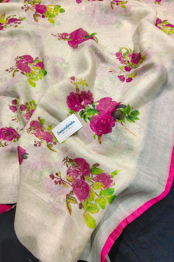 eden cream digital printed linen saree - linenworldonline.in