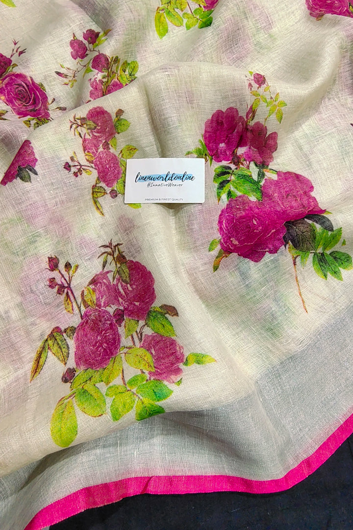 eden cream digital printed linen saree - linenworldonline.in