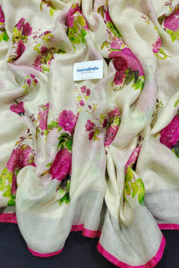 eden cream digital printed linen saree - linenworldonline.in