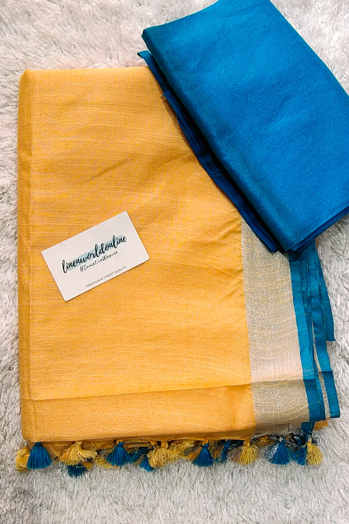 mustard yellow cotton linen saree - linenworldonline.in