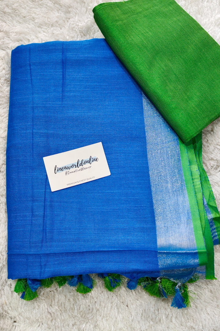 blue cotton linen saree - linenworldonline.in
