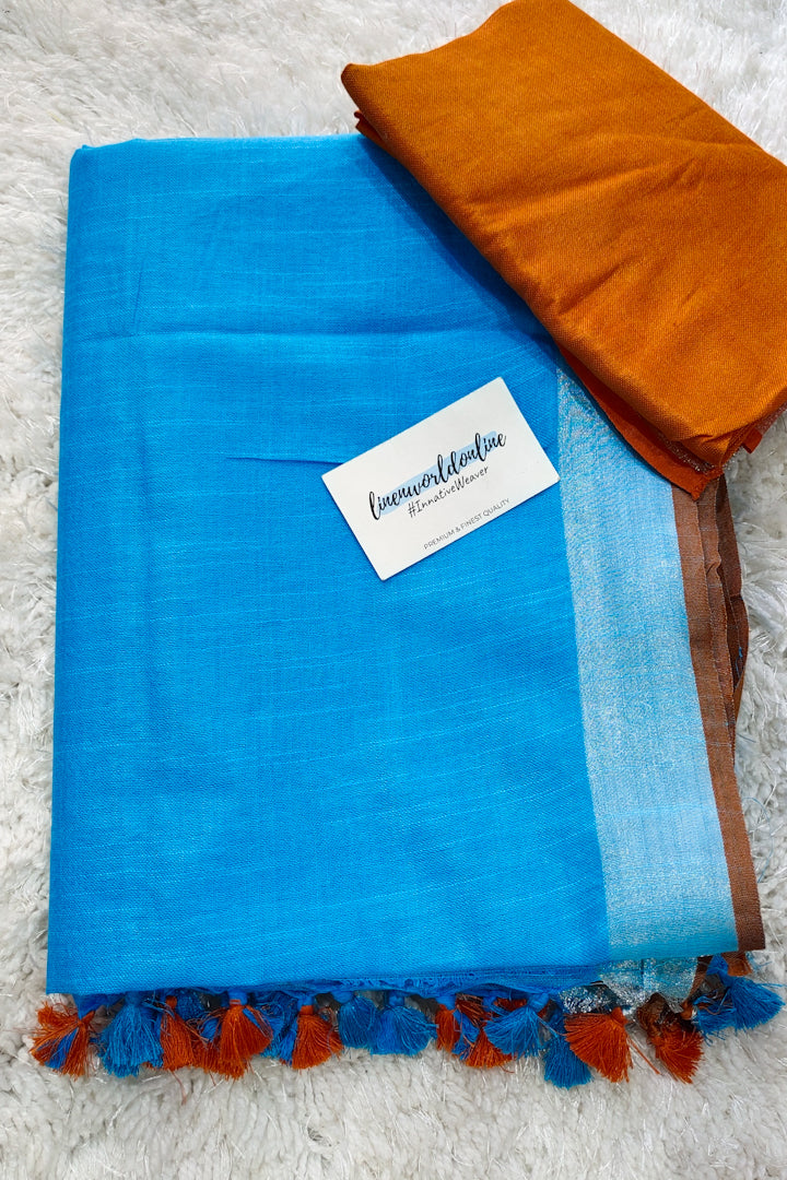 blue cotton linen saree - linenworldonline.in
