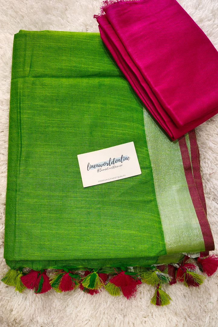 green cotton linen saree - linenworldonline.in