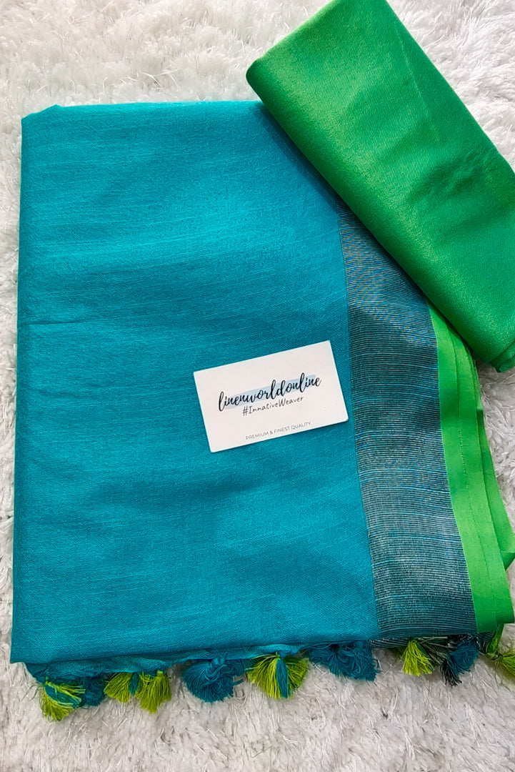 turquoise blue cotton linen saree - linenworldonline.in