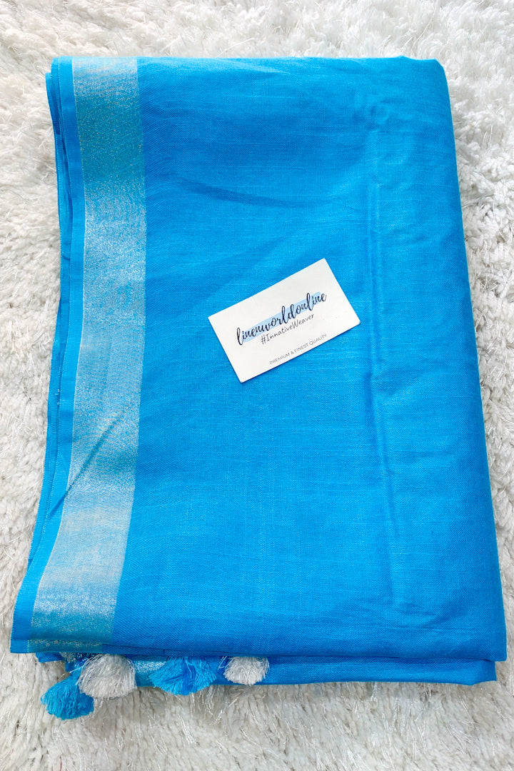 aqua blue cotton linen saree - linenworldonline.in