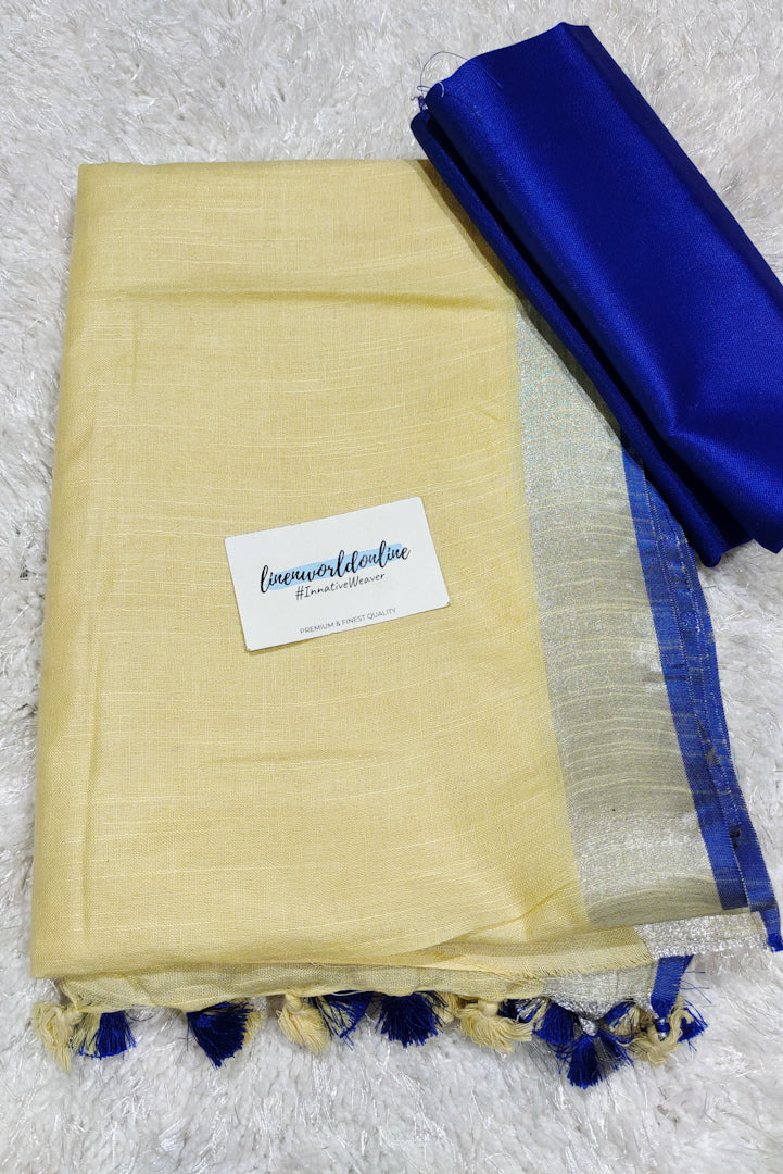 pale yellow cotton linen saree - linenworldonline.in