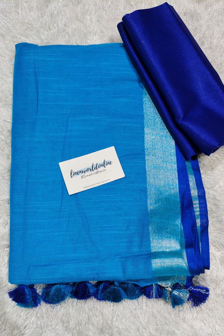 blue cotton linen saree - linenworldonline.in