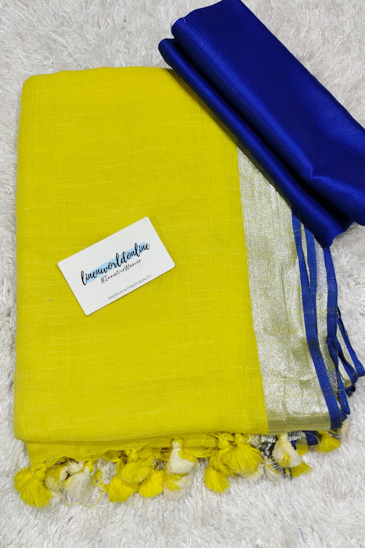yellow cotton linen saree - linenworldonline.in
