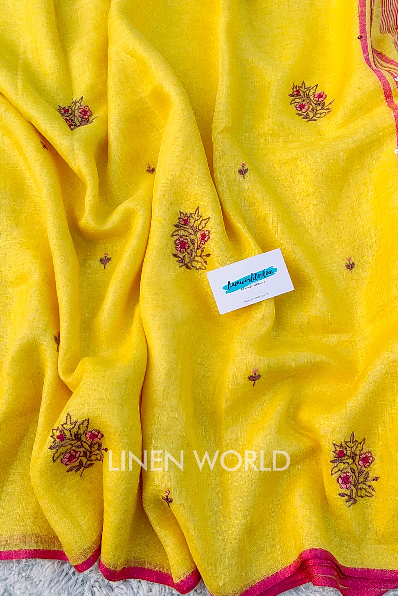 Ishanvi - french knot hand embroidered pure linen sari - linenworldonline.in