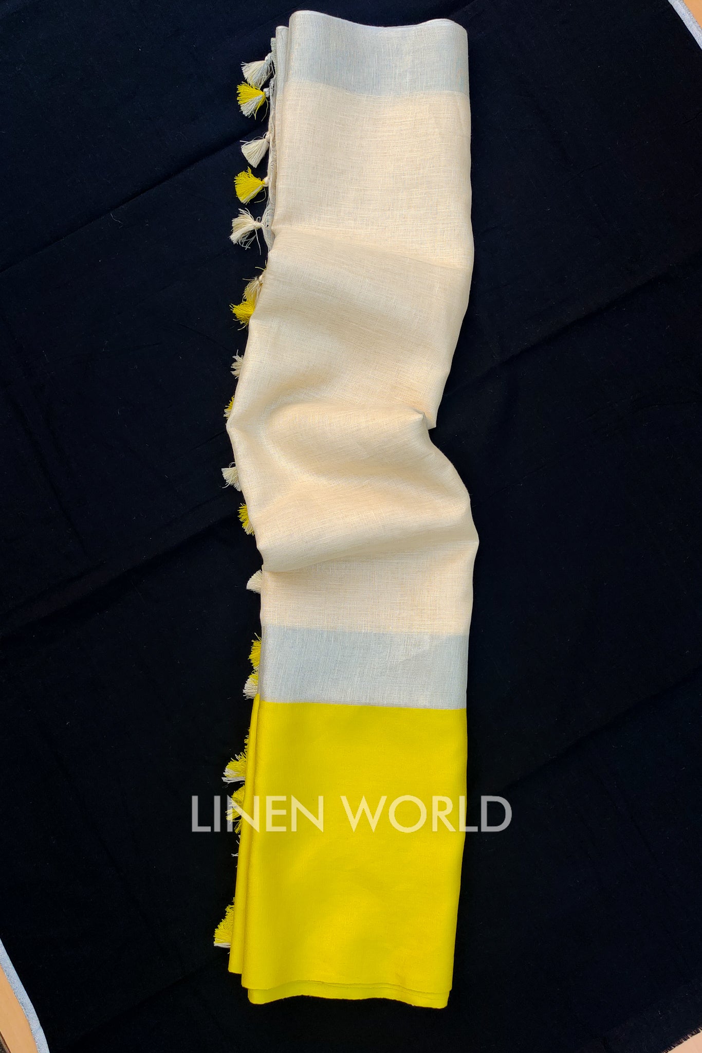 cream handwoven pure linen saree - linenworldonline.in