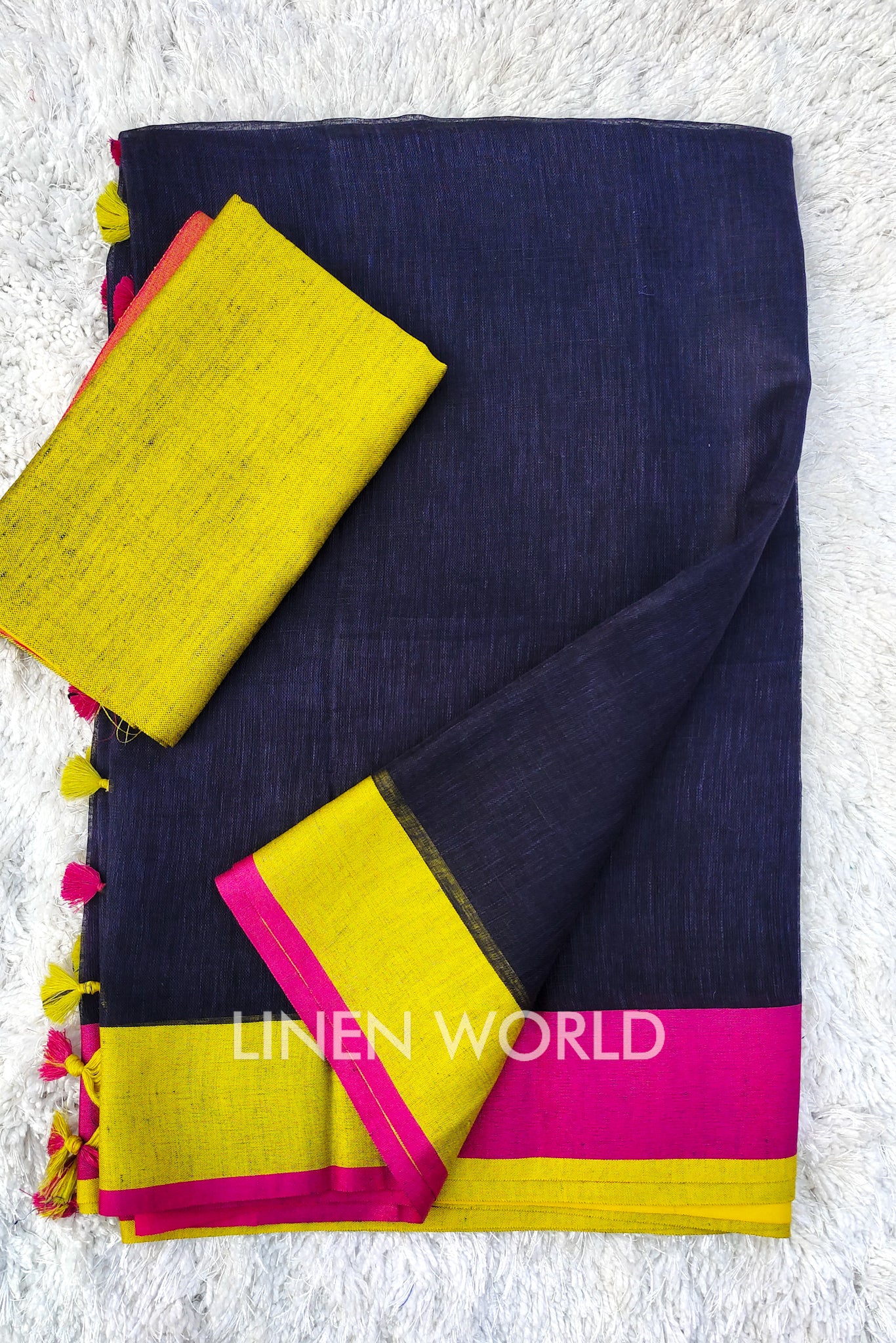 misha - blue organic linen saree - linenworldonline.in