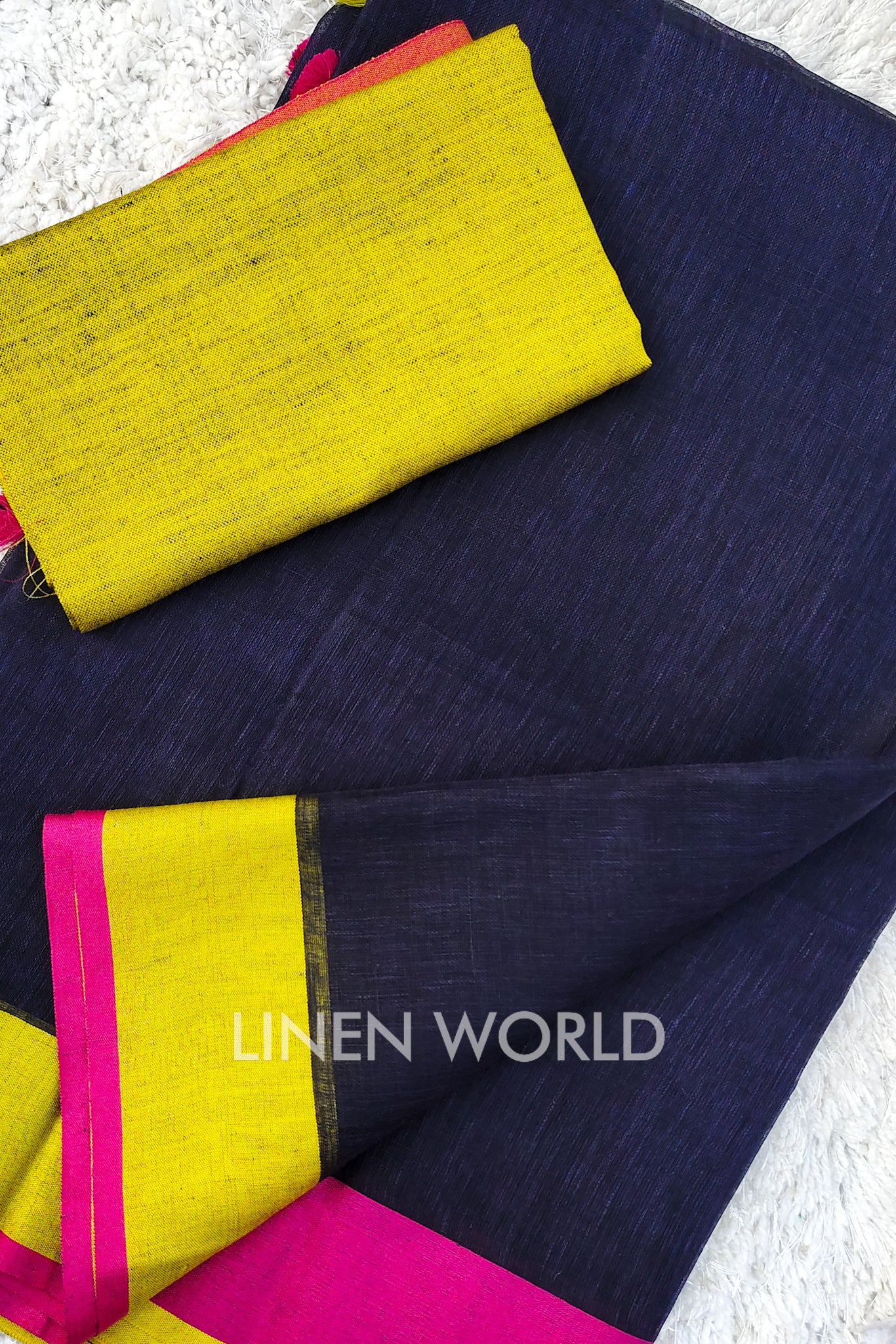 misha - blue organic linen saree - linenworldonline.in