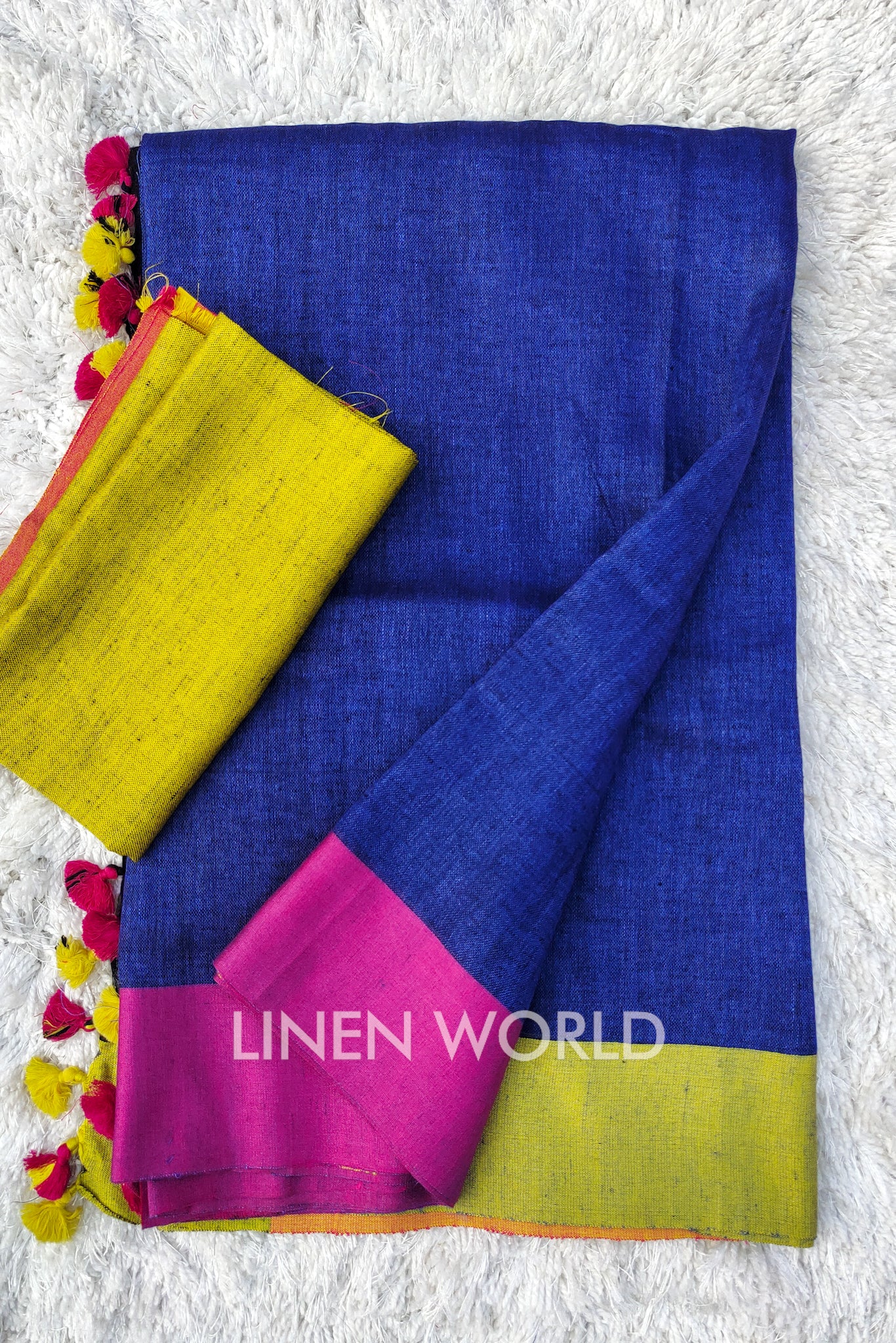 veena - blue organic linen saree - linenworldonline.in