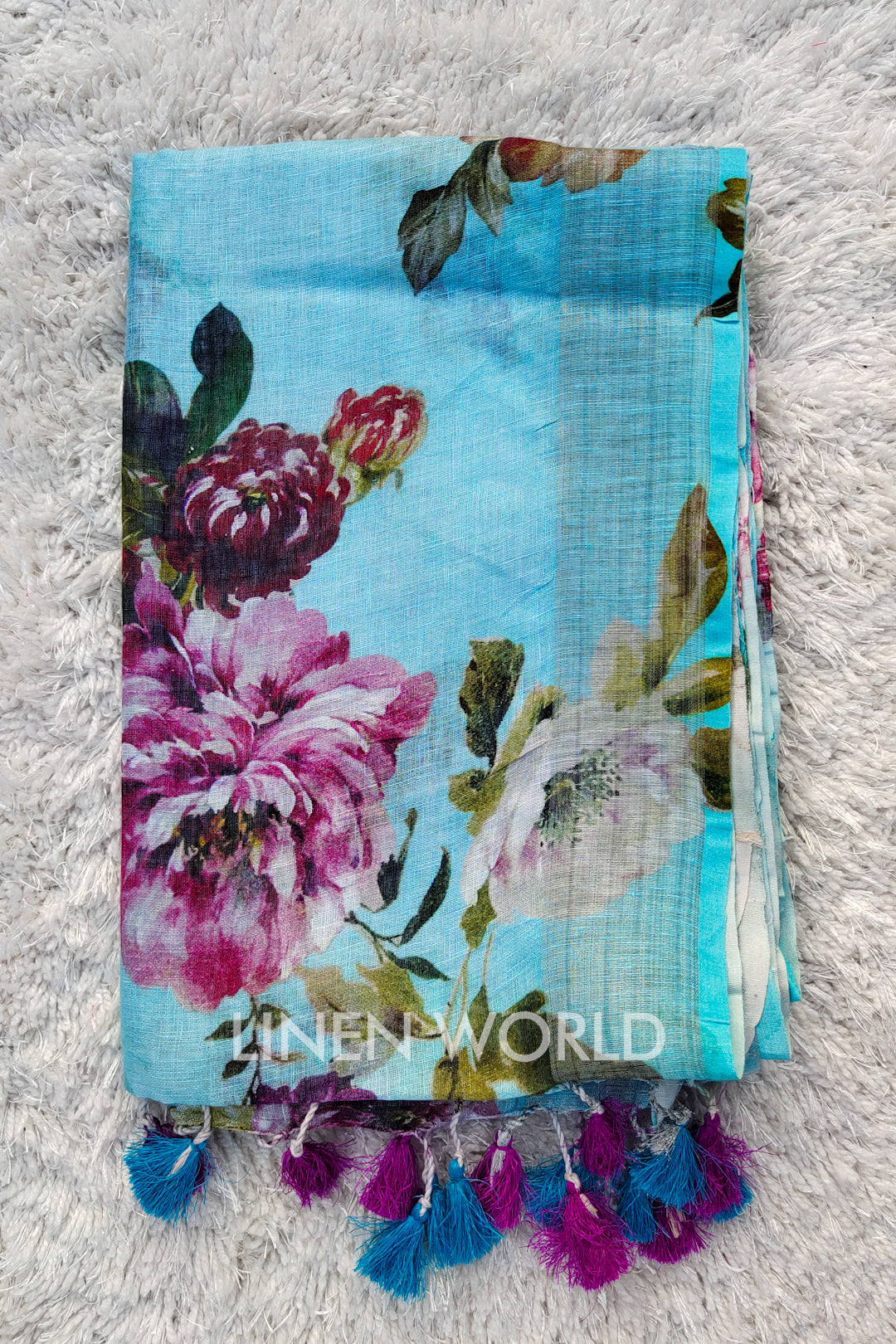 akira - blue digital printed handloom pure linen saree - linenworldonline.in