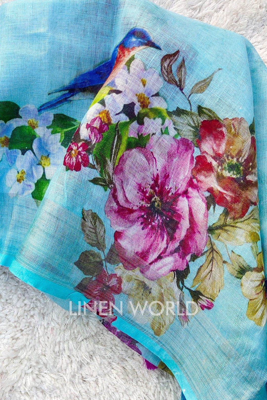 akira - blue digital printed handloom pure linen saree - linenworldonline.in
