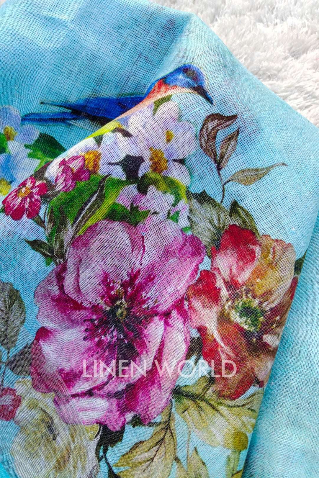 akira - blue digital printed handloom pure linen saree - linenworldonline.in