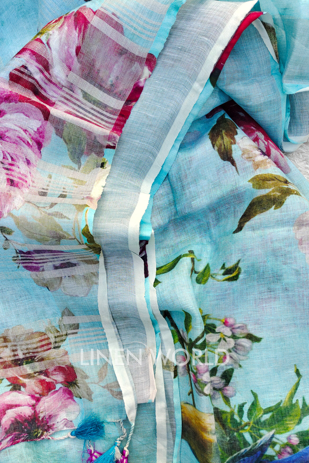 akira - blue digital printed handloom pure linen saree - linenworldonline.in