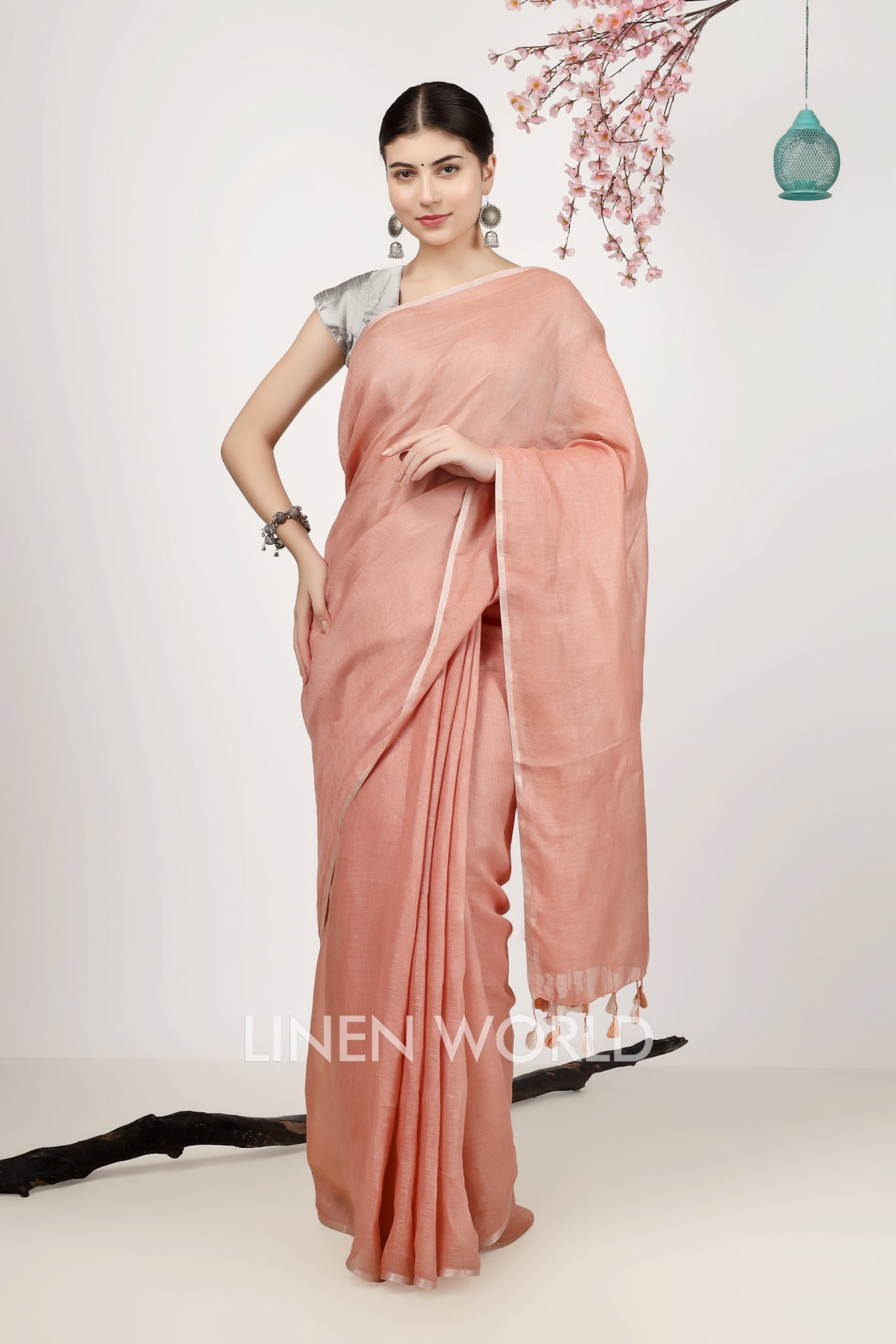 ira - peach pure linen saree - linenworldonline.in