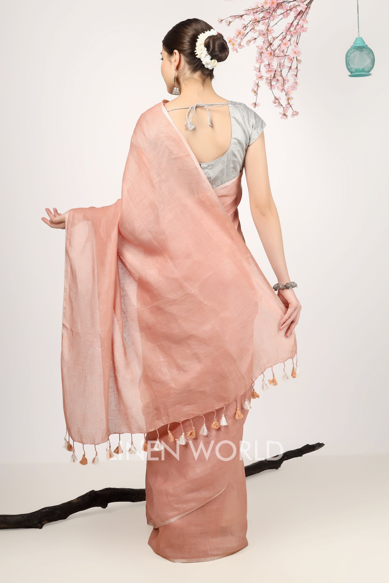ira - peach pure linen saree - linenworldonline.in
