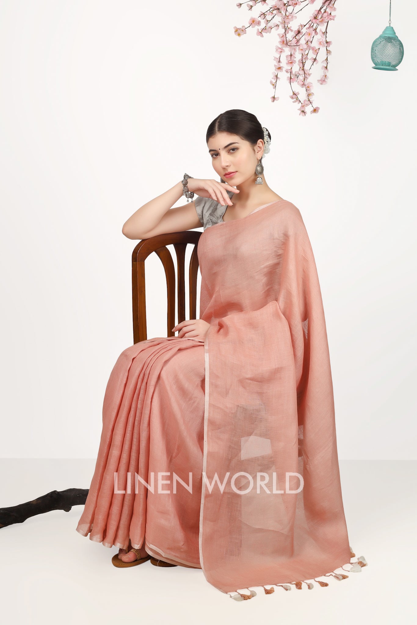 ira - peach pure linen saree - linenworldonline.in