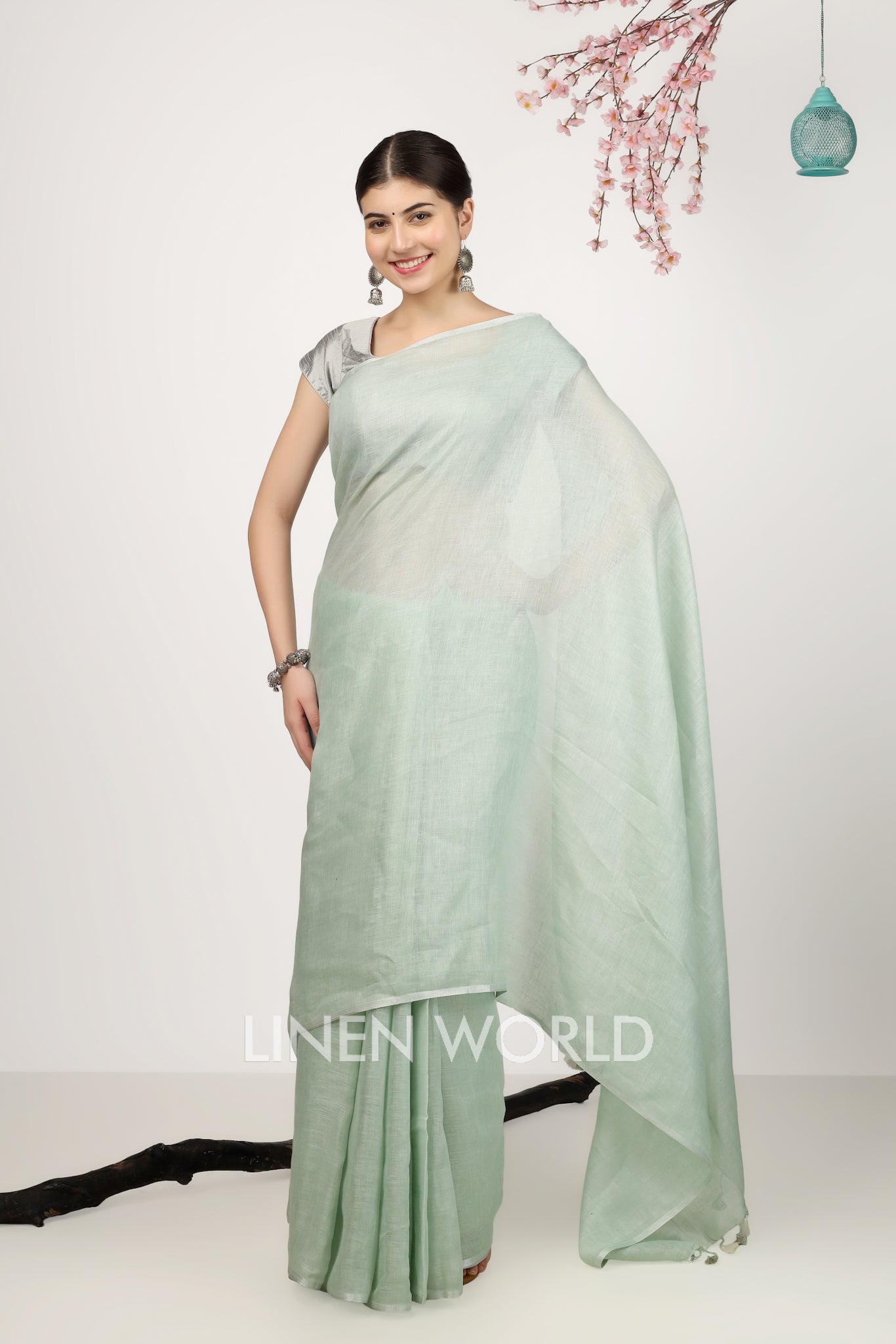 mitali - green pure linen saree - linenworldonline.in