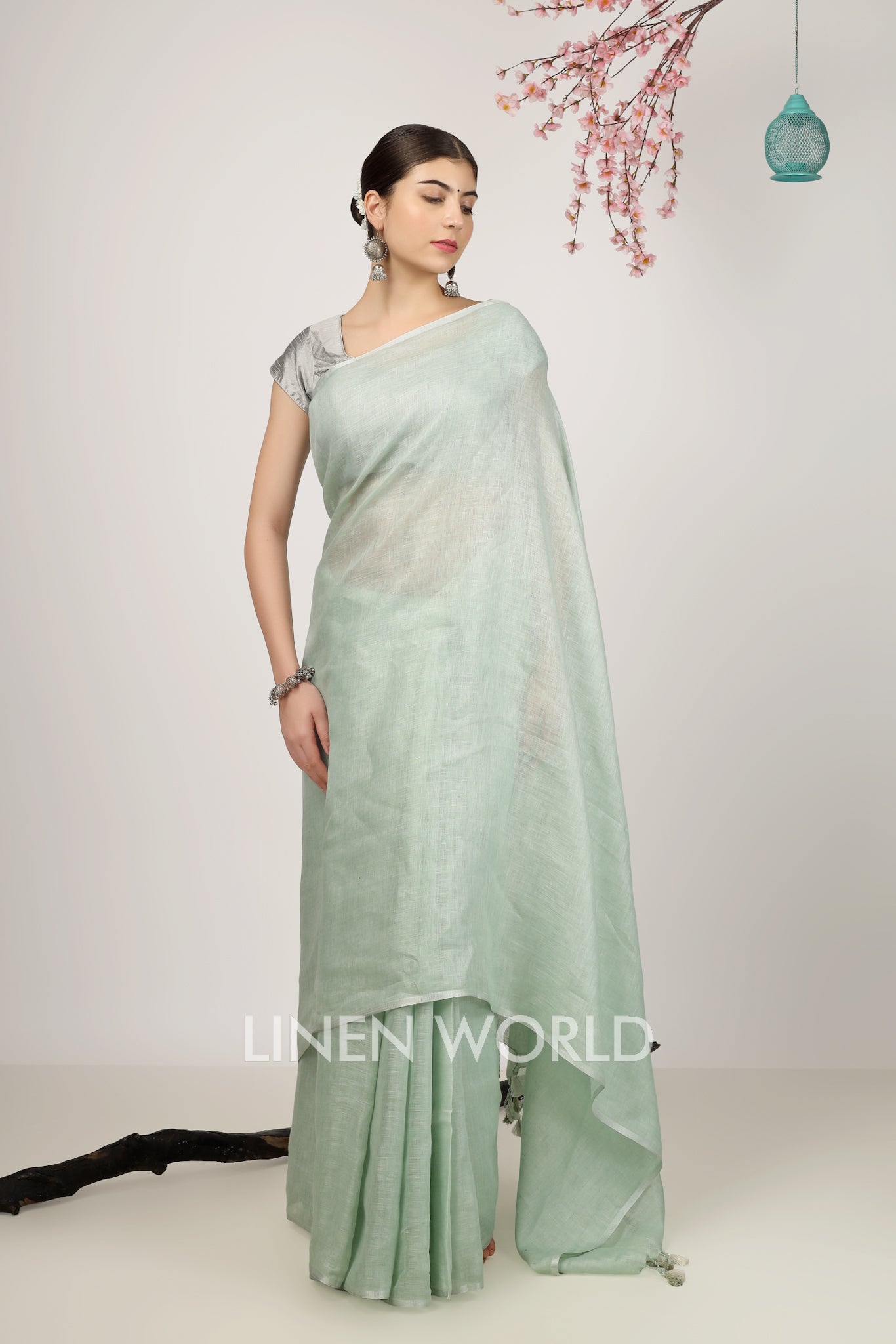 mitali - green pure linen saree - linenworldonline.in