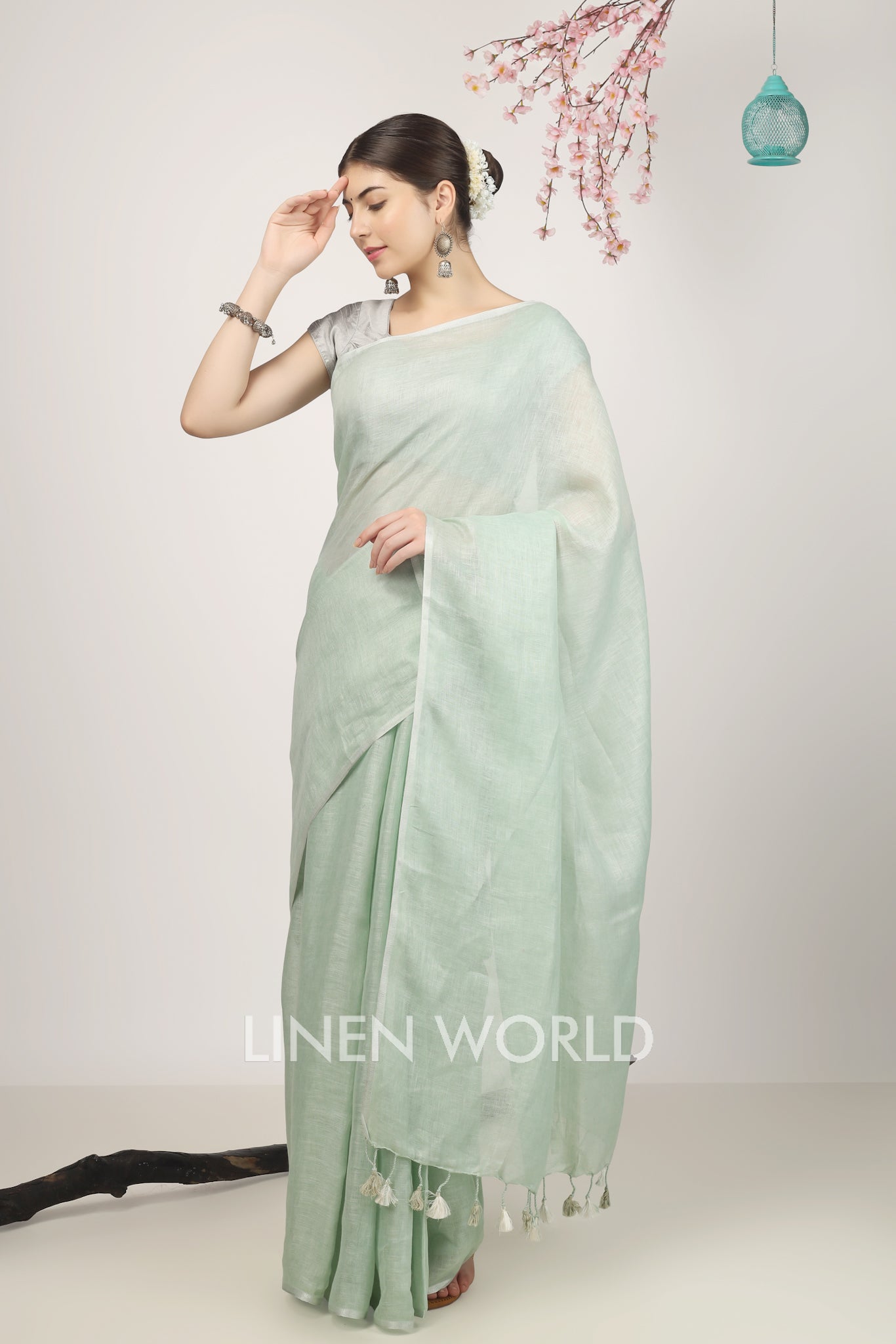 mitali - green pure linen saree - linenworldonline.in