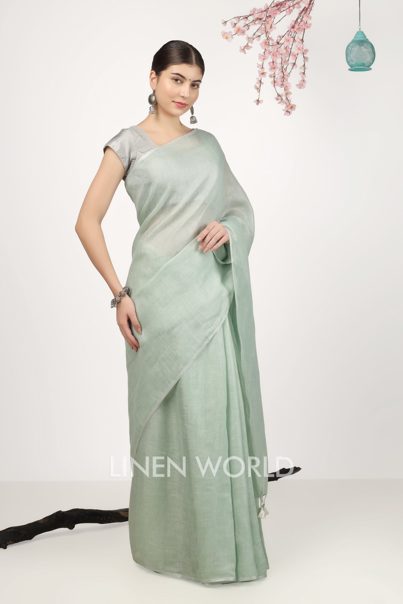 mitali - green pure linen saree - linenworldonline.in