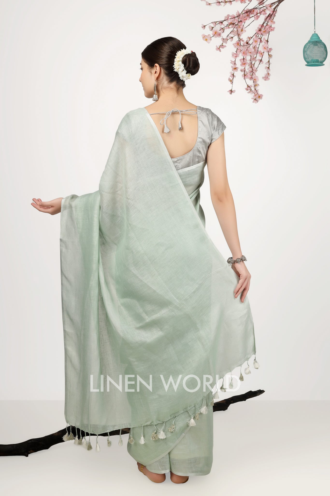 mitali - green pure linen saree - linenworldonline.in