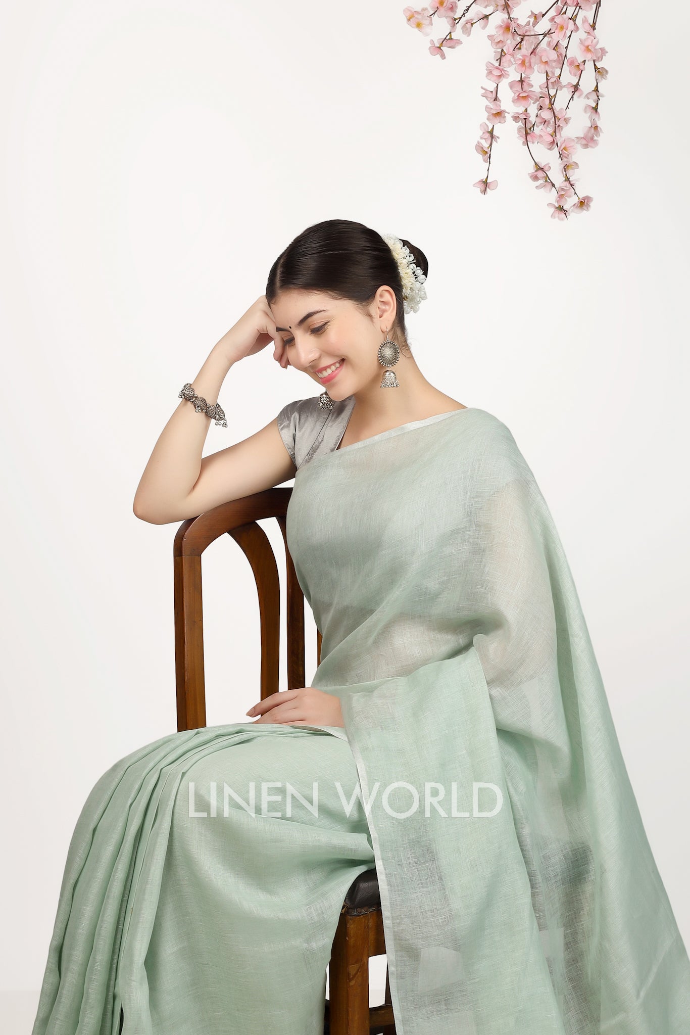 mitali - green pure linen saree - linenworldonline.in