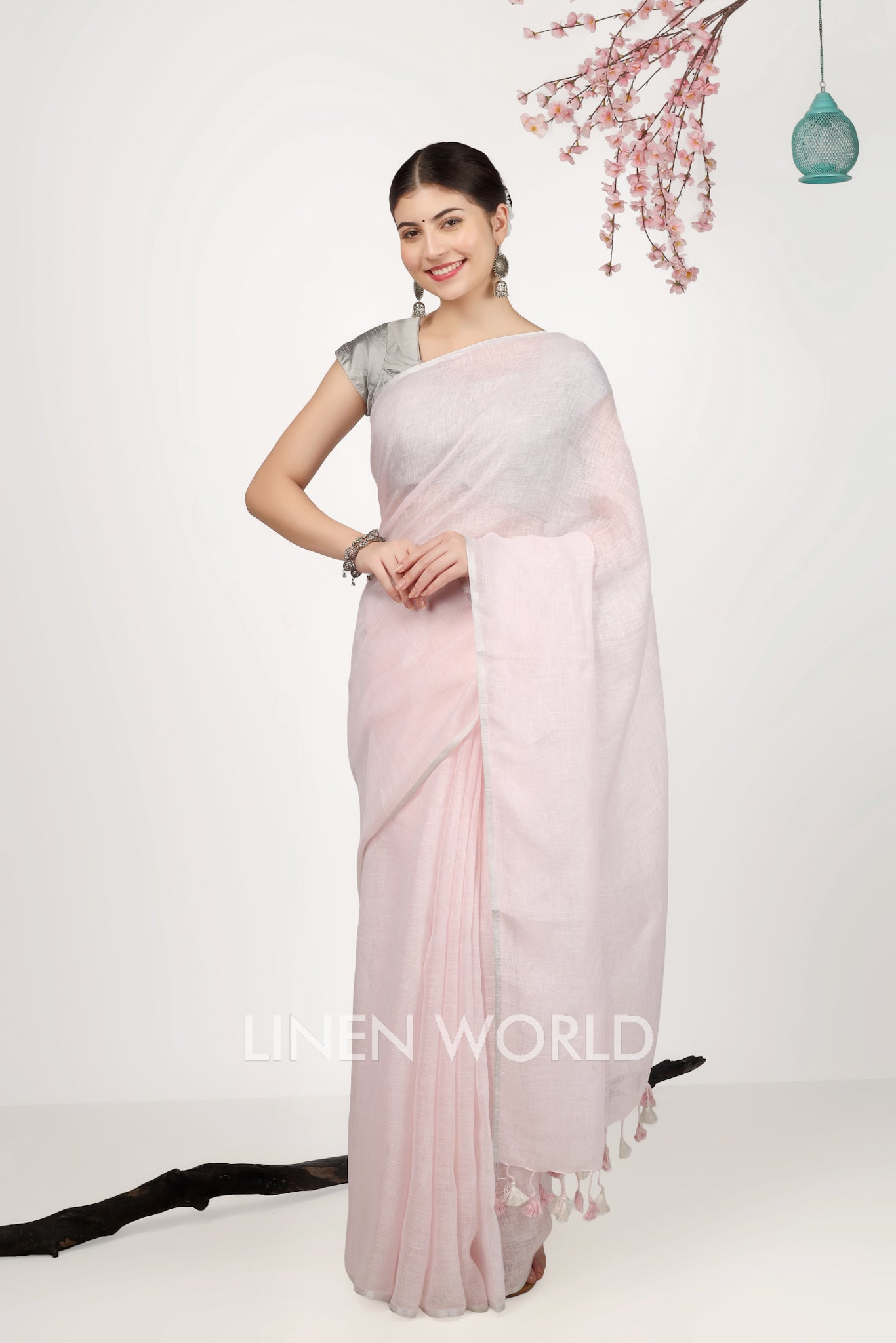 navya - pink pure linen saree - linenworldonline.in