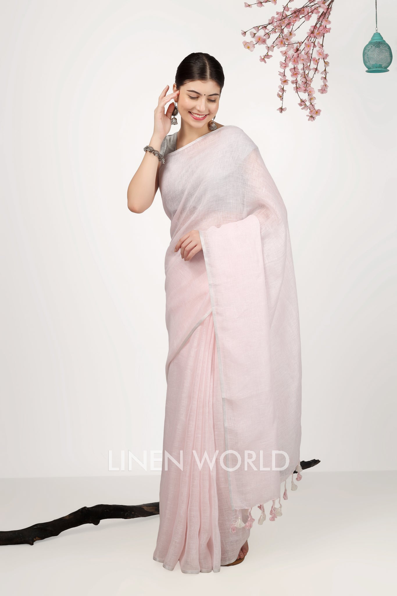 navya - pink pure linen saree - linenworldonline.in