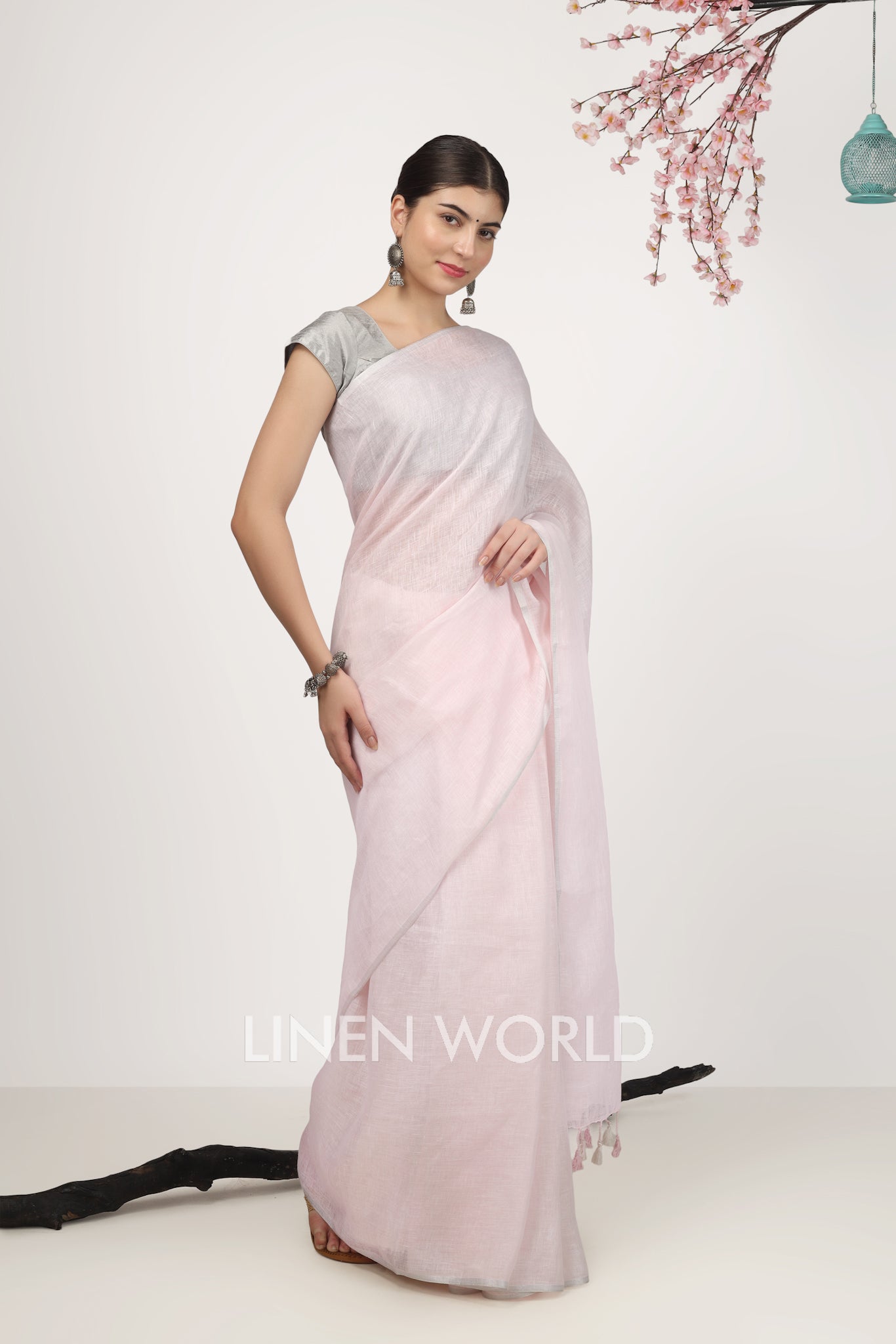 navya - pink pure linen saree - linenworldonline.in