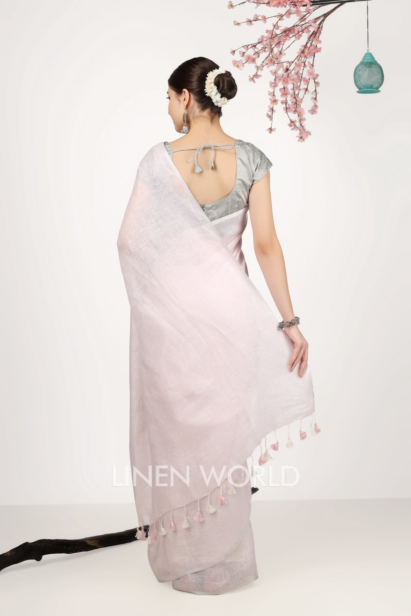 navya - pink pure linen saree - linenworldonline.in