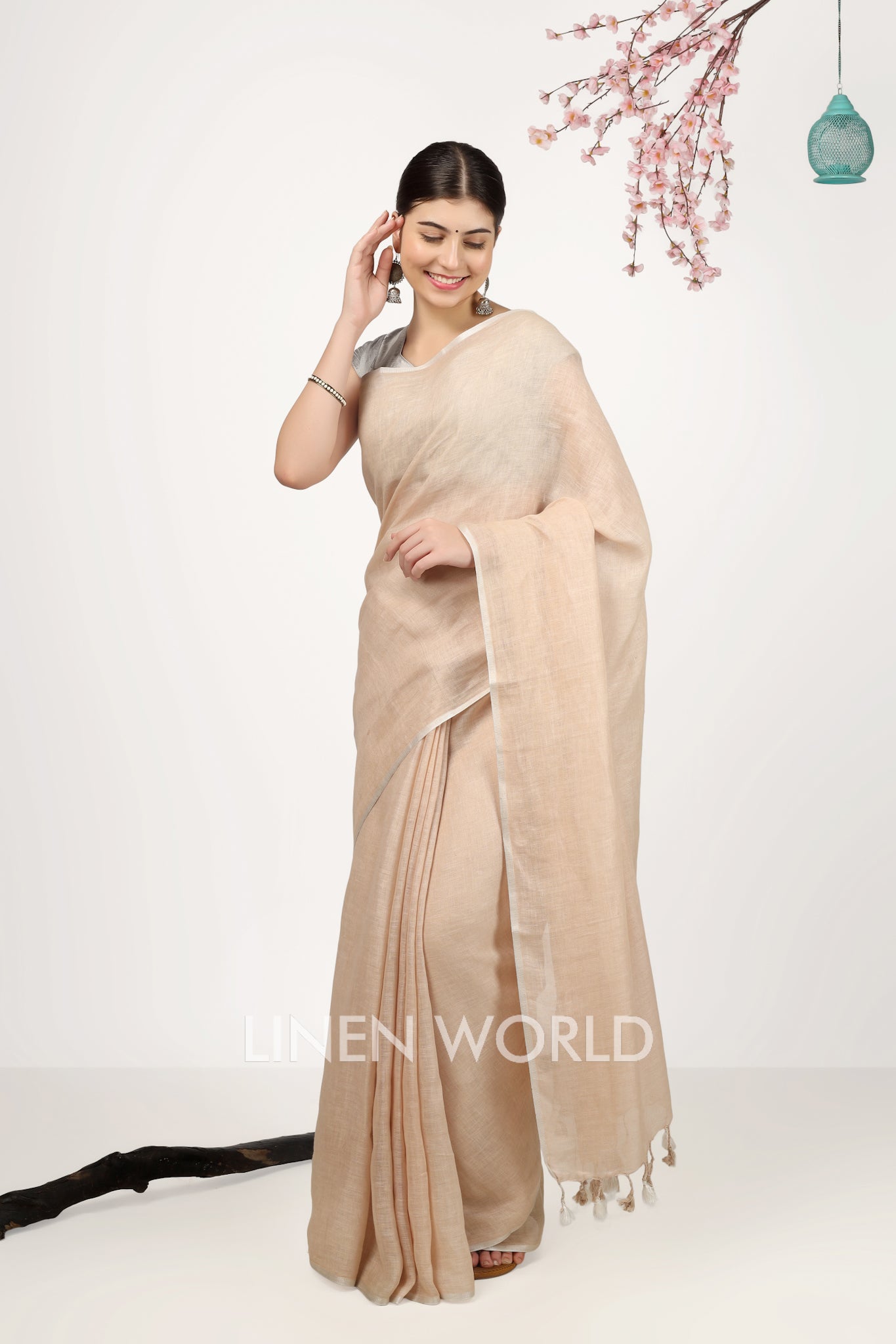 vamika - beige pure linen saree - linenworldonline.in