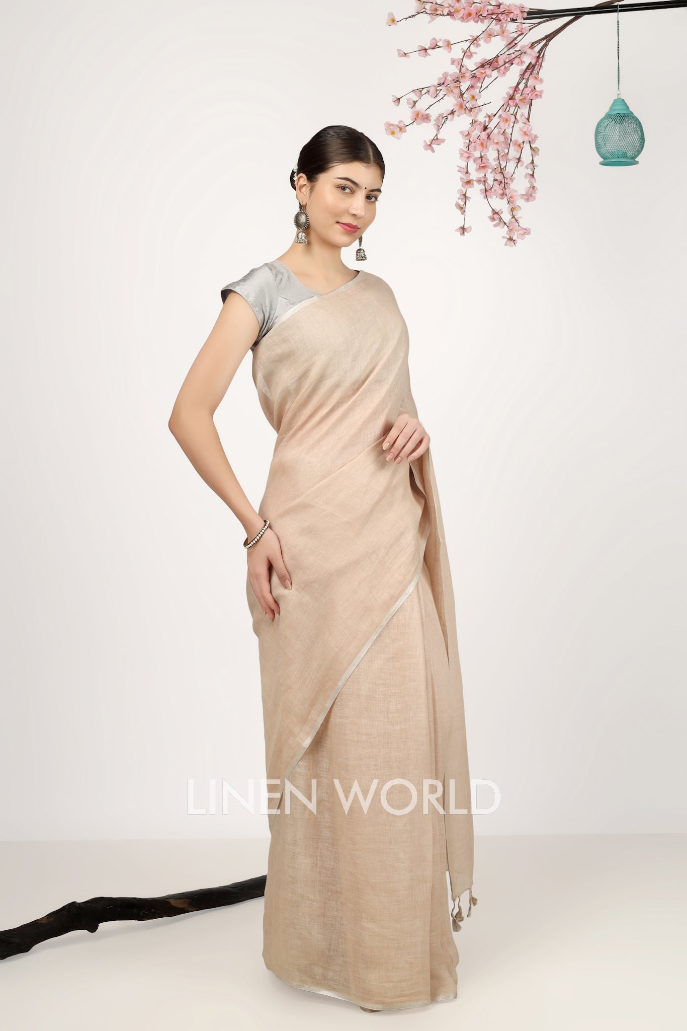 vamika - beige pure linen saree - linenworldonline.in