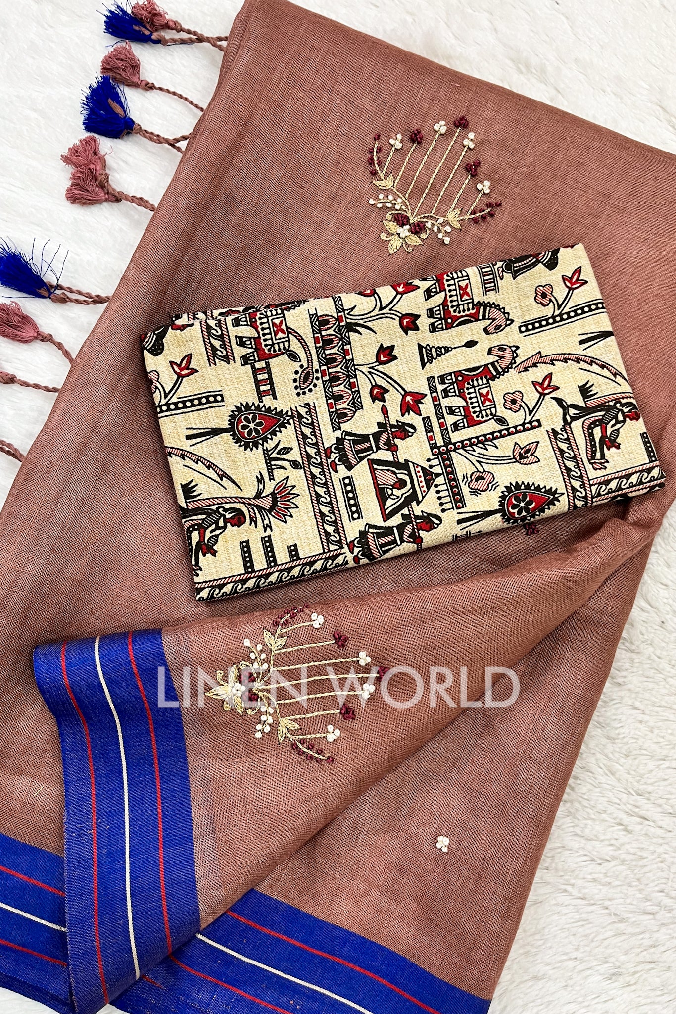 farheen: brown hand embroidered pure linen saree - linenworldonline.in