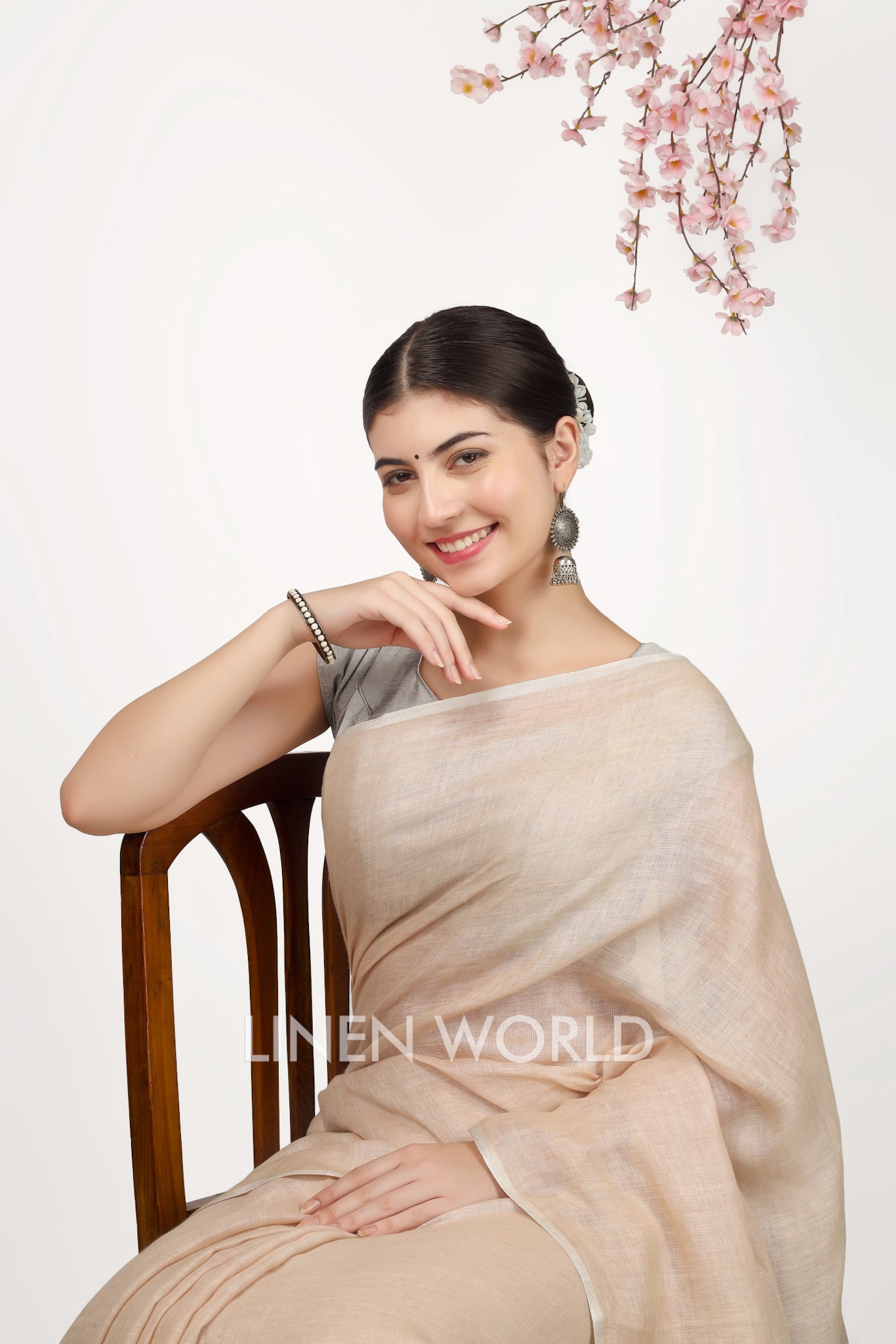 vamika - beige pure linen saree - linenworldonline.in