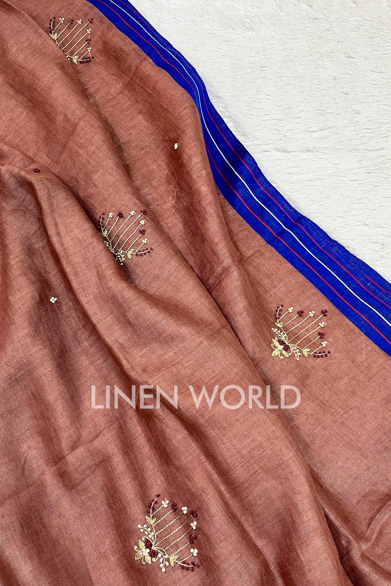 farheen: brown hand embroidered pure linen saree - linenworldonline.in
