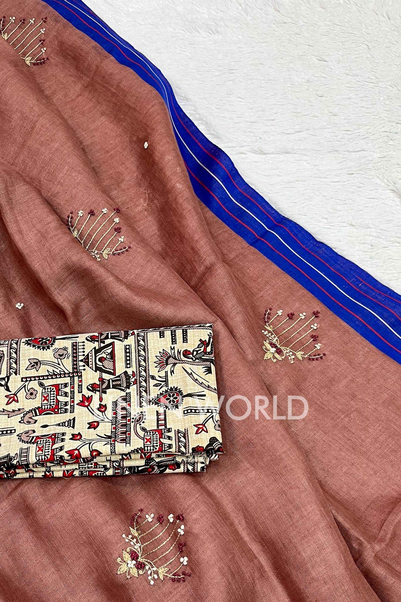 farheen: brown hand embroidered pure linen saree - linenworldonline.in