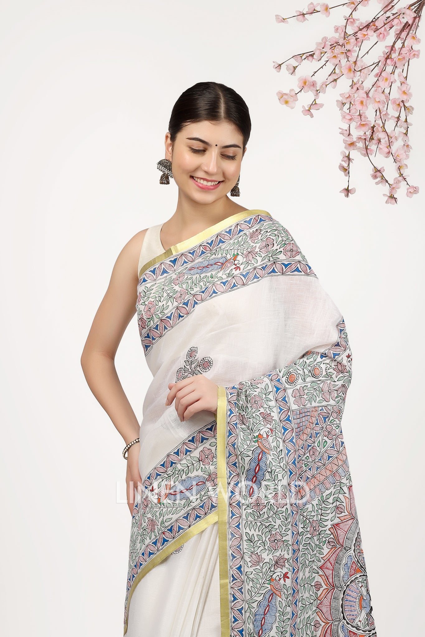 apsara - madhubani hand painted pure linen sari - linenworldonline.in