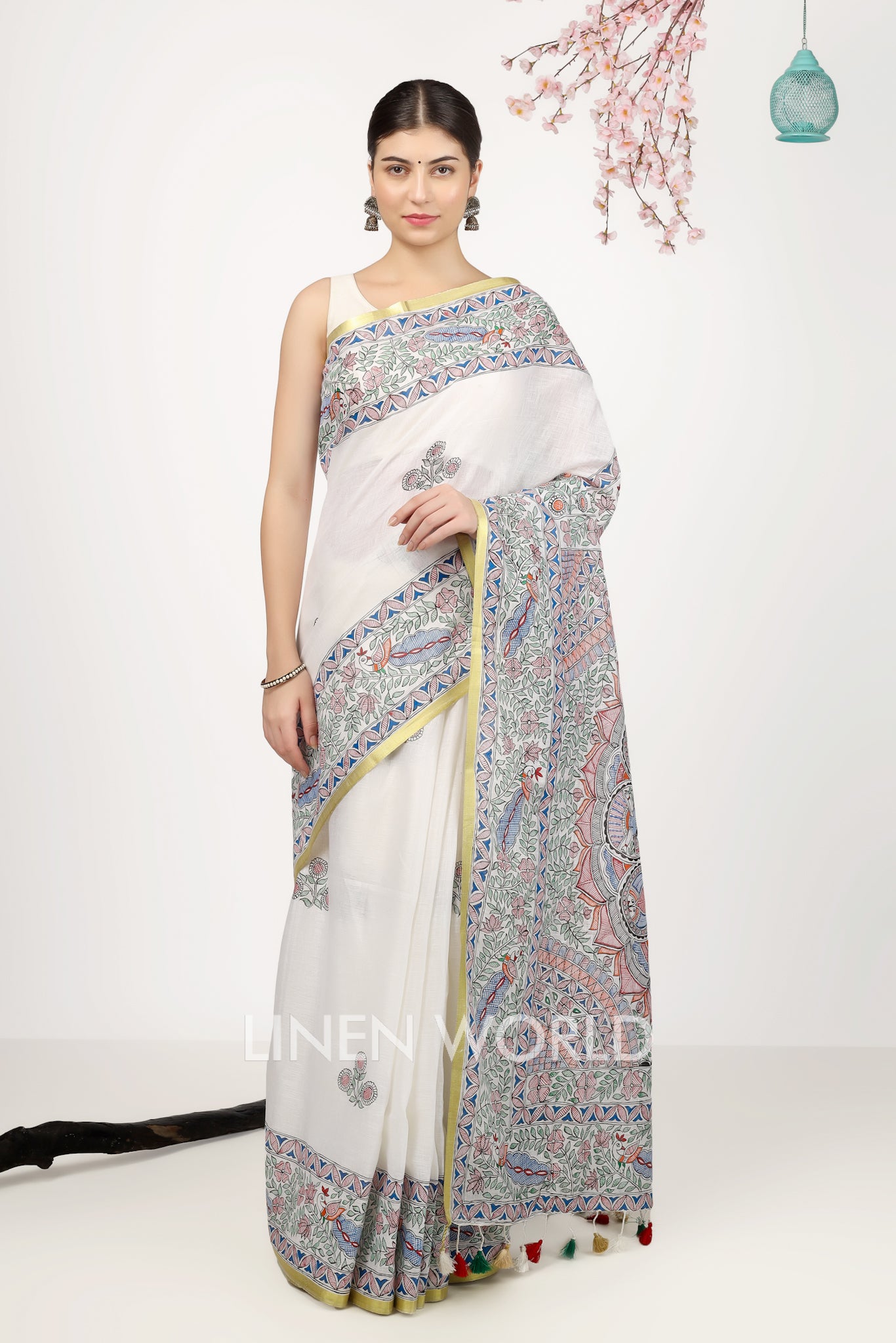 apsara - madhubani hand painted pure linen sari - linenworldonline.in