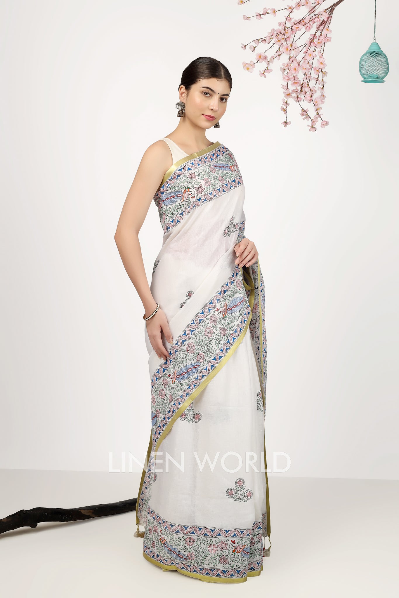 apsara - madhubani hand painted pure linen sari - linenworldonline.in