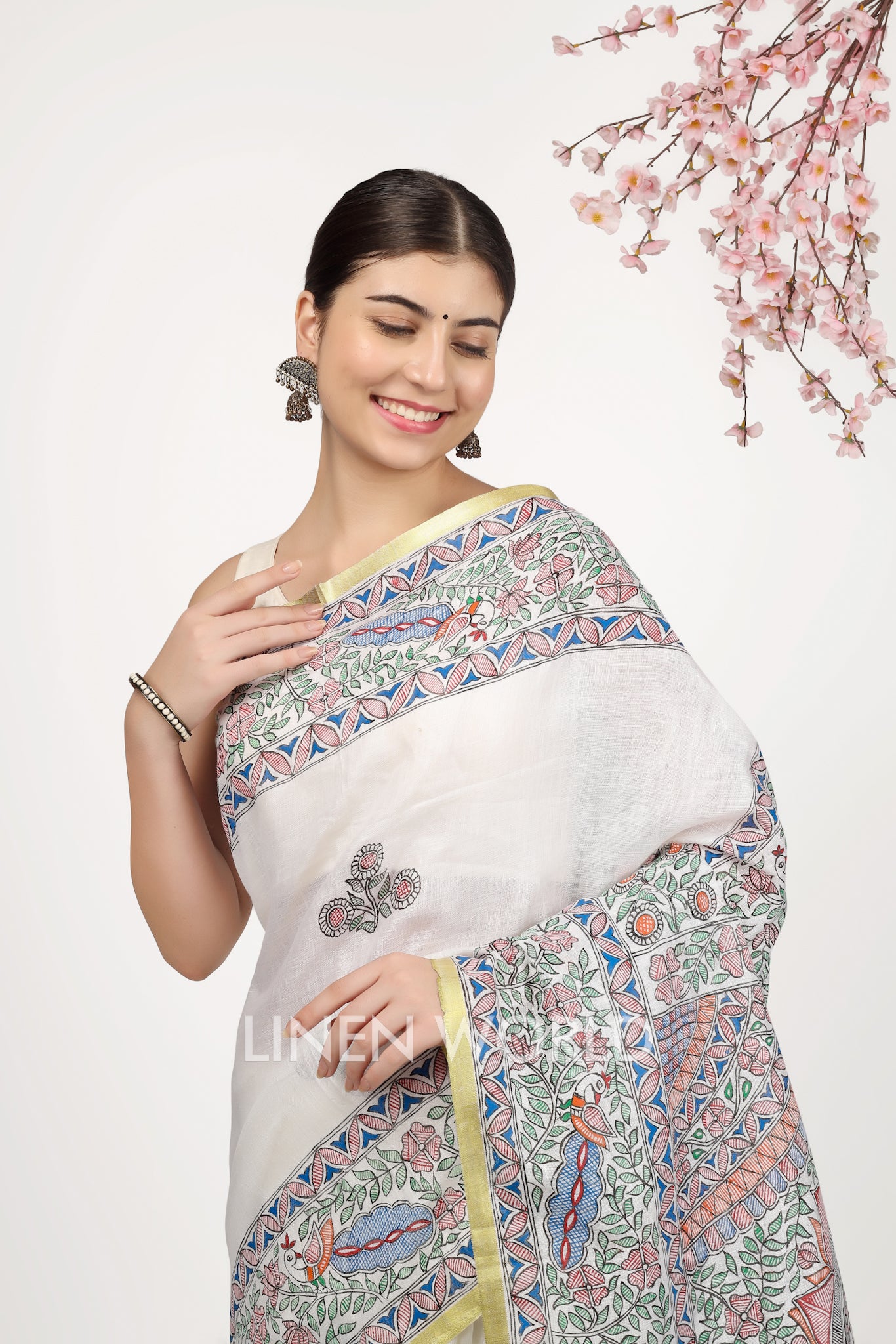 apsara - madhubani hand painted pure linen sari - linenworldonline.in